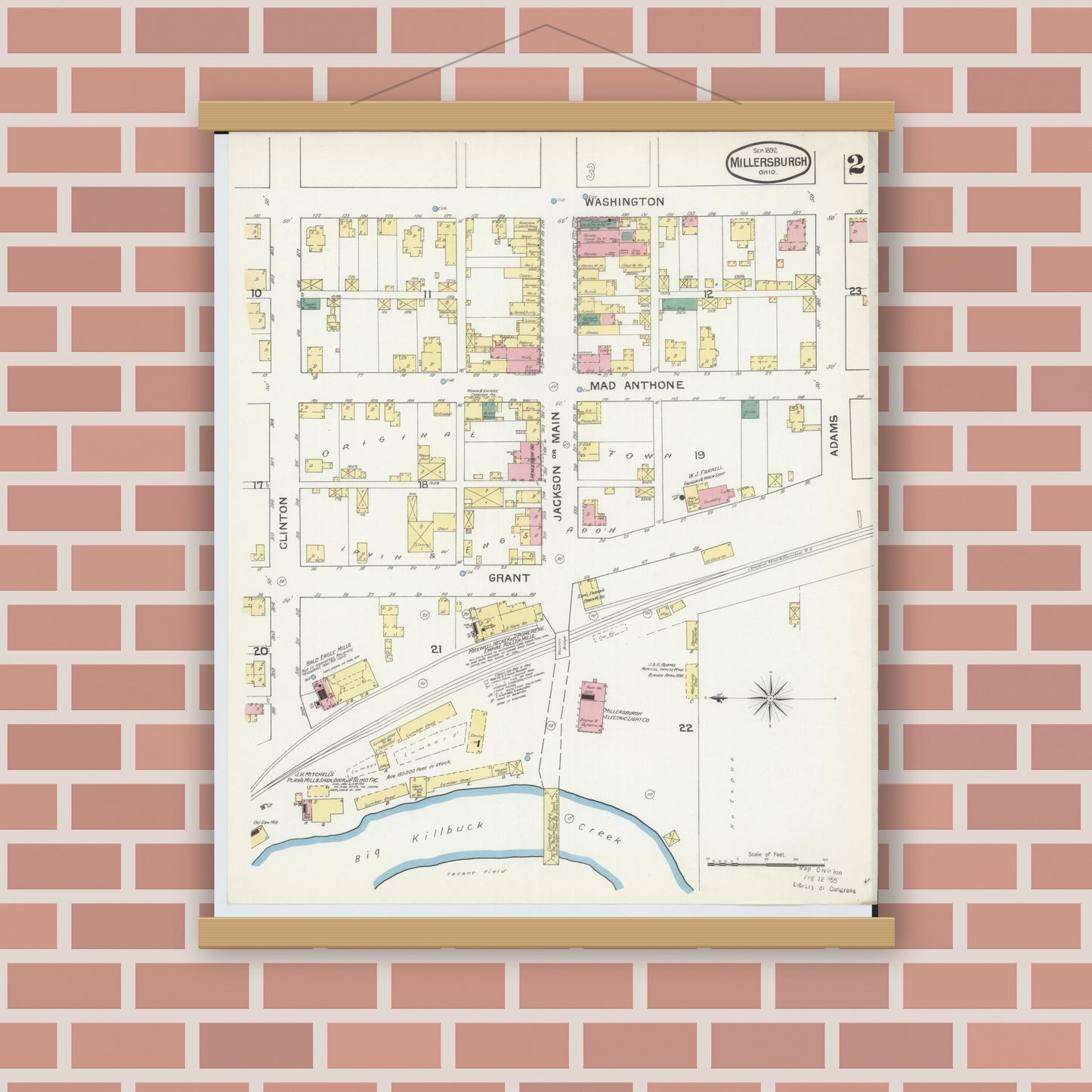 Old map wall art mockup — magnetic wood frame on brick wall — Sanborn Fire Insurance Map from Millersburg, Holmes County, Ohio (1892), Sheet #0002