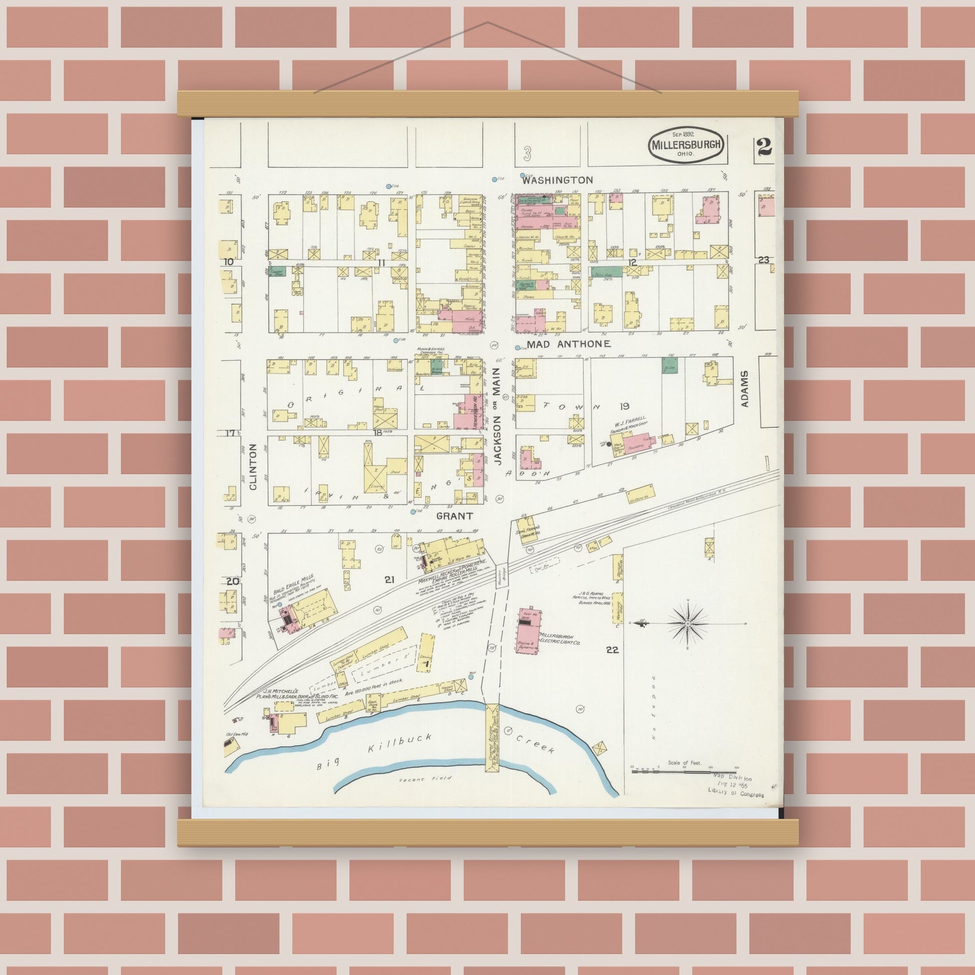 Old map wall art mockup — magnetic wood frame on brick wall — Sanborn Fire Insurance Map from Millersburg, Holmes County, Ohio (1892), Sheet #0002