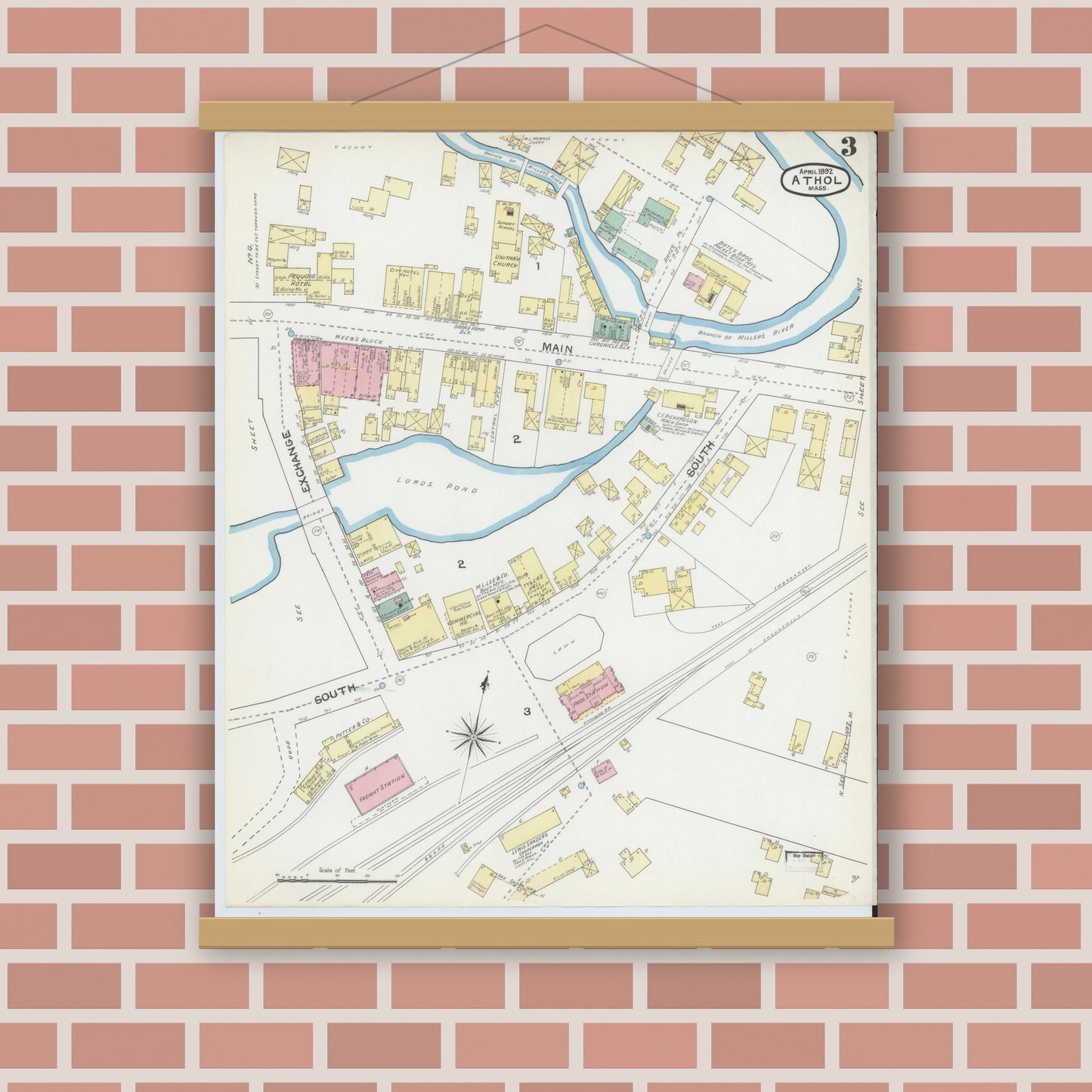 Old map wall art mockup — magnetic wood frame on brick wall — Sanborn Fire Insurance Map from Athol, Worcester County, Massachusetts (1892), Sheet #0003