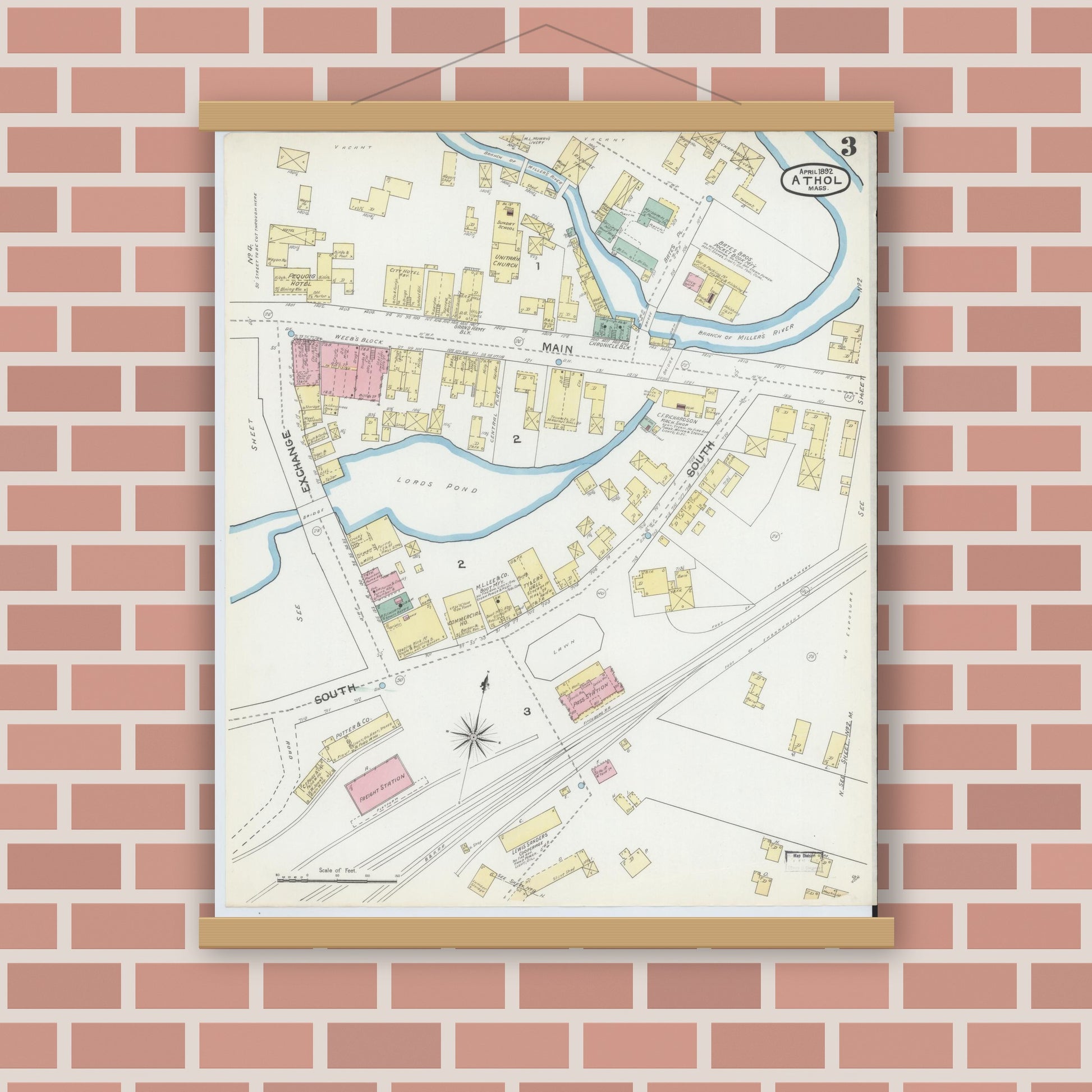 Old map wall art mockup — magnetic wood frame on brick wall — Sanborn Fire Insurance Map from Athol, Worcester County, Massachusetts (1892), Sheet #0003