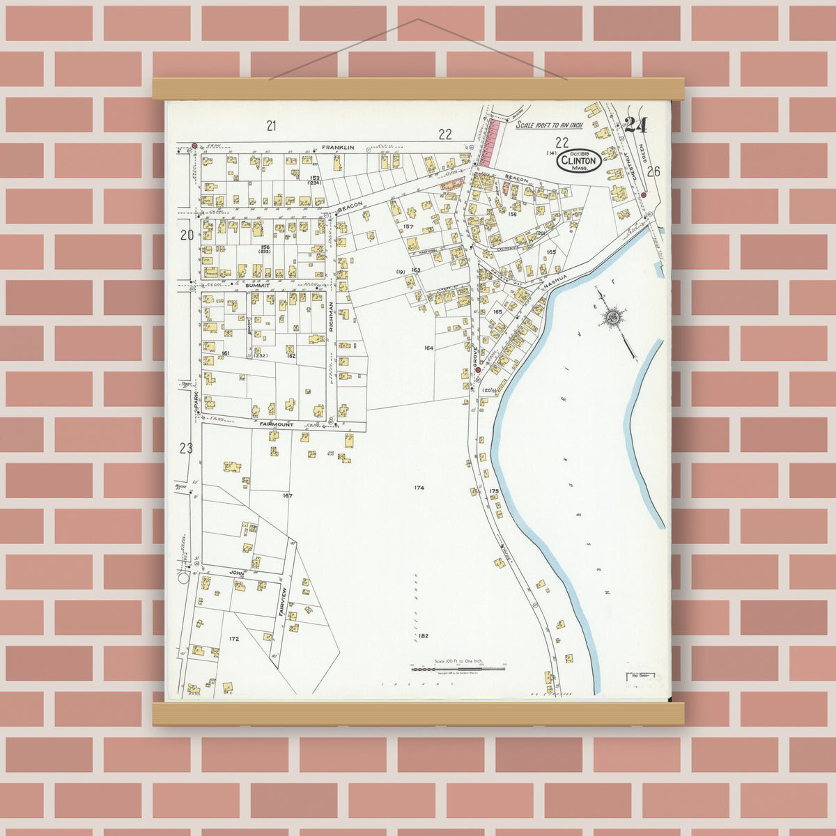 Old map wall art mockup — magnetic wood frame on brick wall — Sanborn Fire Insurance Map from Clinton, Worcester County, Massachusetts (1919), Sheet #0024