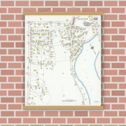 Old map wall art mockup — magnetic wood frame on brick wall — Sanborn Fire Insurance Map from Clinton, Worcester County, Massachusetts (1919), Sheet #0024