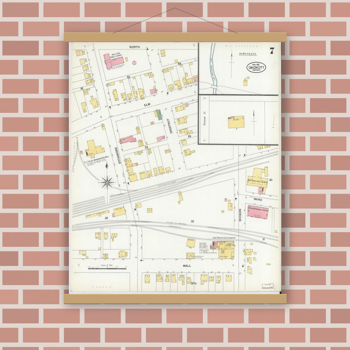 Old map wall art mockup — magnetic wood frame on brick wall — Sanborn Fire Insurance Map from Union City, Randolph County, Indiana (1901), Sheet #0007