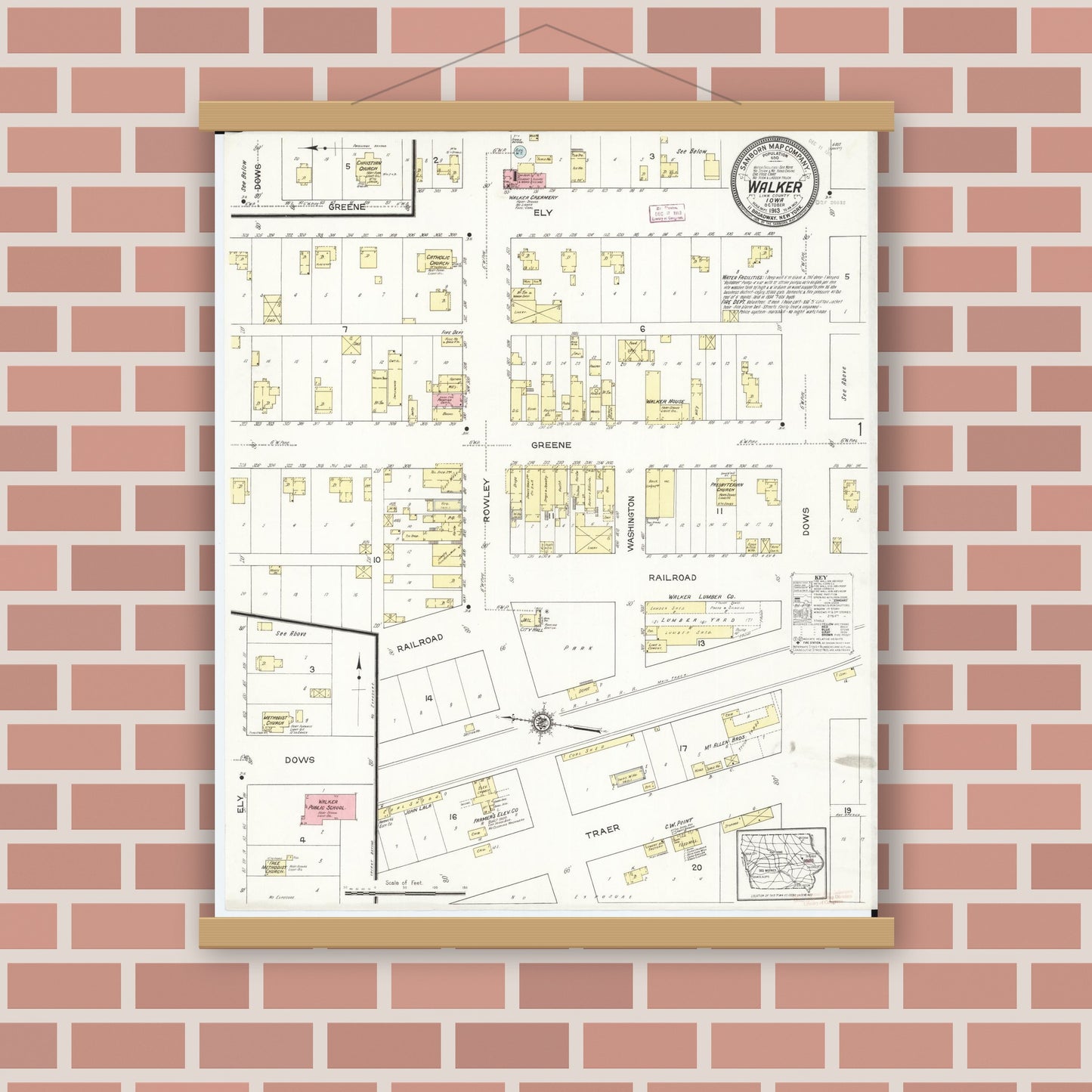 Old map wall art mockup — magnetic wood frame on brick wall — Sanborn Fire Insurance Map from Walker, Linn County, Iowa (1913), Sheet #0001