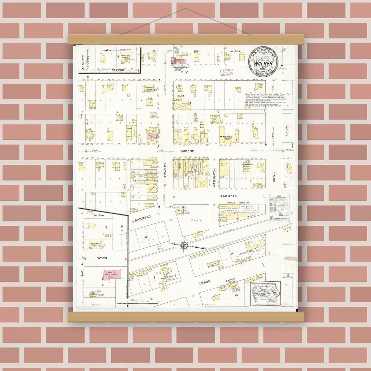 Old map wall art mockup — magnetic wood frame on brick wall — Sanborn Fire Insurance Map from Walker, Linn County, Iowa (1913), Sheet #0001