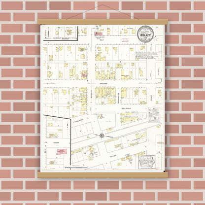 Old map wall art mockup — magnetic wood frame on brick wall — Sanborn Fire Insurance Map from Walker, Linn County, Iowa (1913), Sheet #0001
