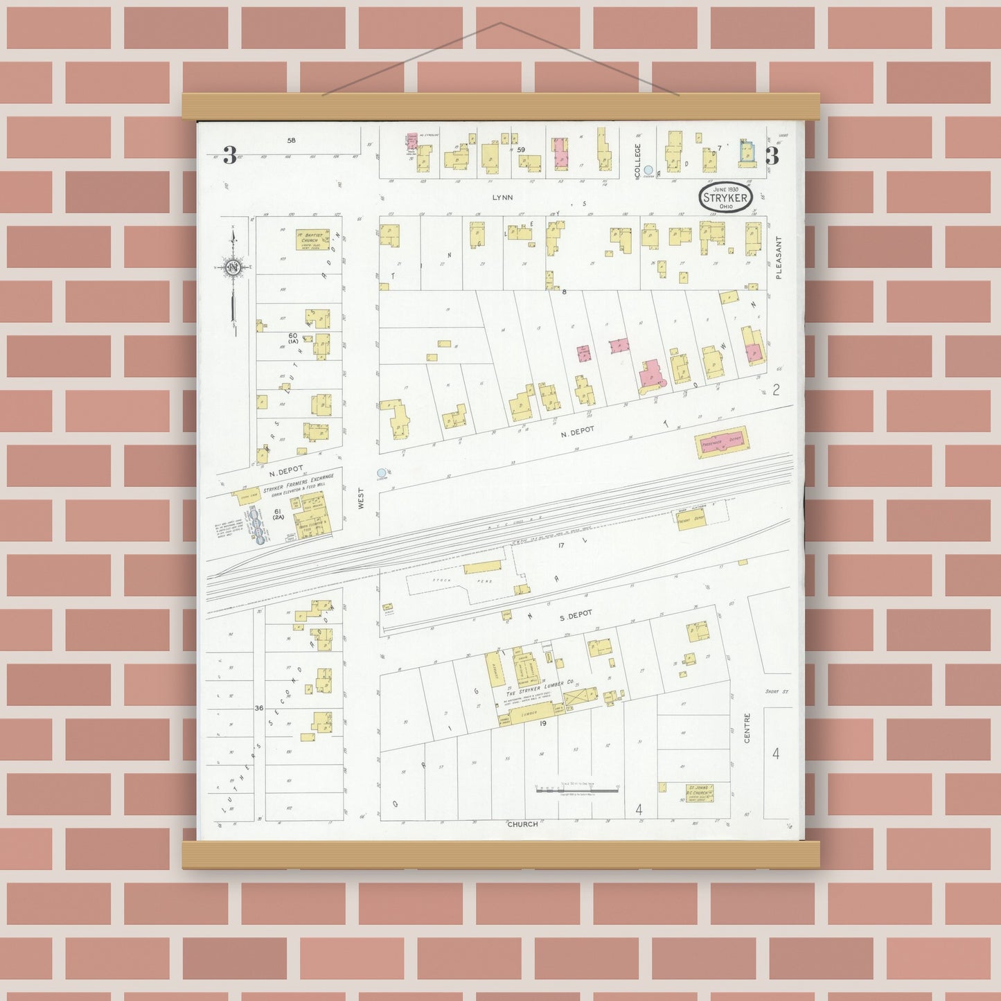Old map wall art mockup — magnetic wood frame on brick wall — Sanborn Fire Insurance Map from Stryker, Williams County, Ohio (1930), Sheet #0003