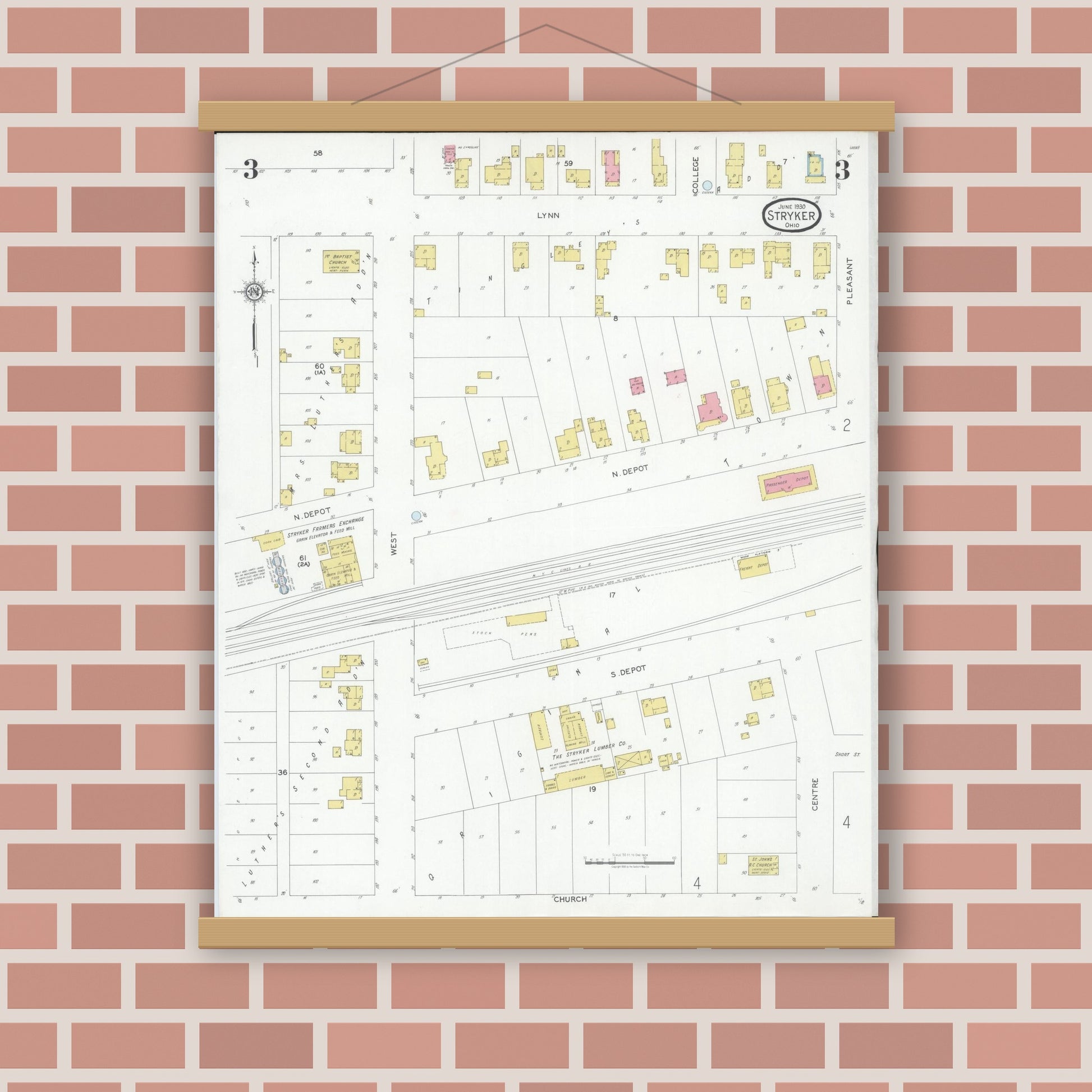 Old map wall art mockup — magnetic wood frame on brick wall — Sanborn Fire Insurance Map from Stryker, Williams County, Ohio (1930), Sheet #0003