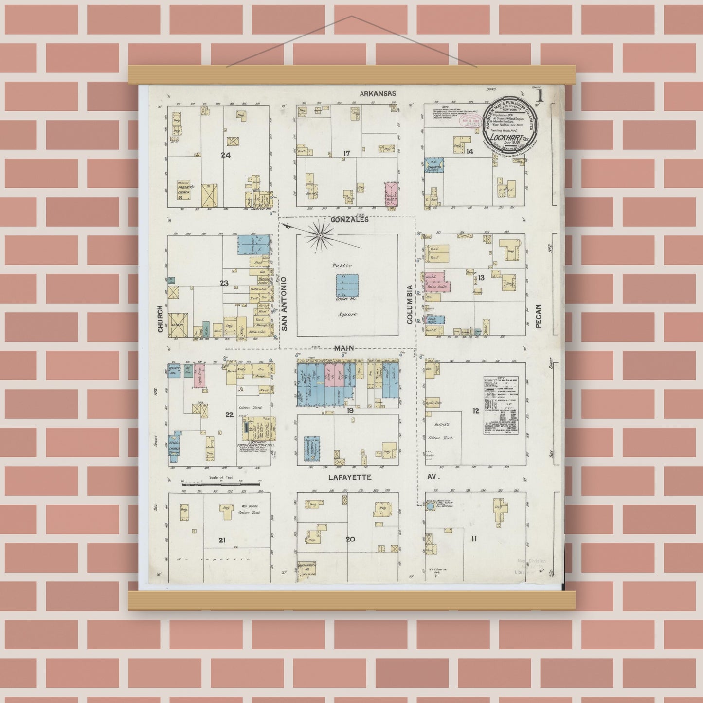Old map wall art mockup — magnetic wood frame on brick wall — Sanborn Fire Insurance Map from Lockhart, Caldwell County, Texas (1888), Sheet #0001