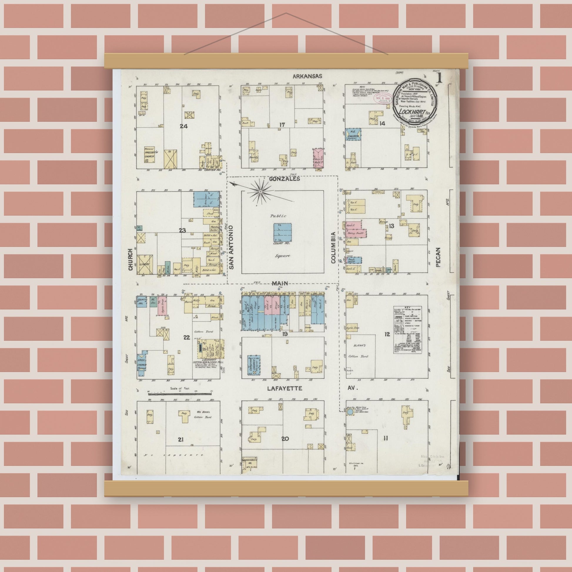 Old map wall art mockup — magnetic wood frame on brick wall — Sanborn Fire Insurance Map from Lockhart, Caldwell County, Texas (1888), Sheet #0001