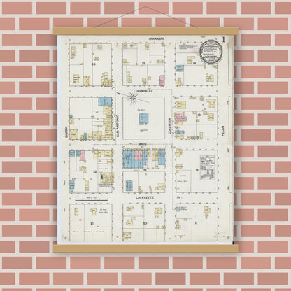 Old map wall art mockup — magnetic wood frame on brick wall — Sanborn Fire Insurance Map from Lockhart, Caldwell County, Texas (1888), Sheet #0001