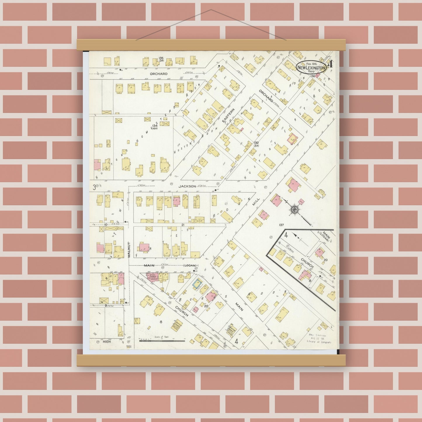 Old map wall art mockup — magnetic wood frame on brick wall — Sanborn Fire Insurance Map from New Lexington, Perry County, Ohio (1916), Sheet #0004