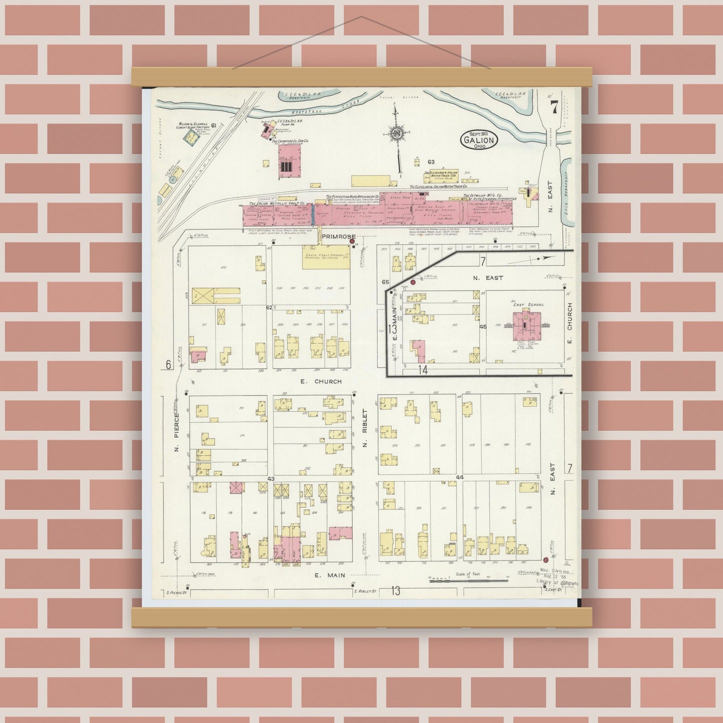 Old map wall art mockup — magnetic wood frame on brick wall — Sanborn Fire Insurance Map from Galion, Crawford County, Ohio (1913), Sheet #0007