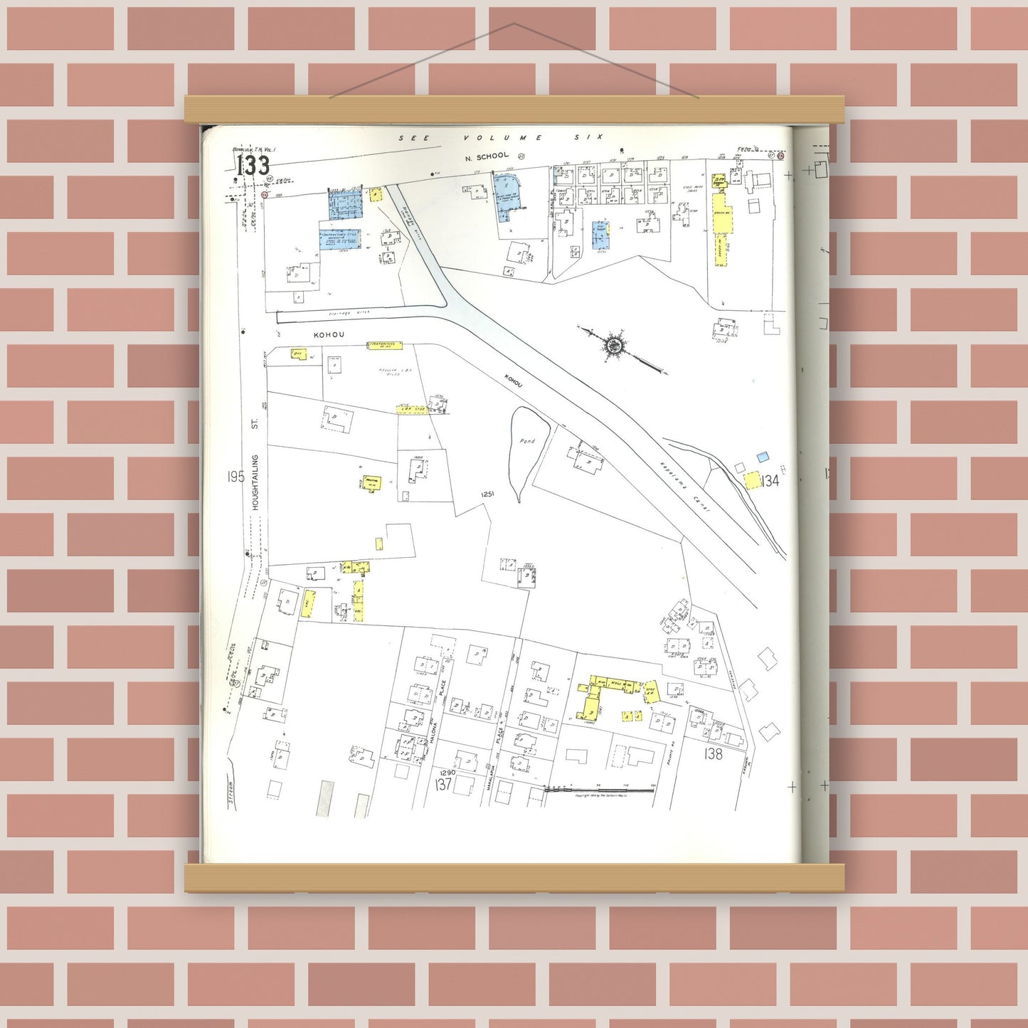 Old map wall art mockup — magnetic wood frame on brick wall — Sanborn Fire Insurance Map from Honolulu, Oahu County, Hawaii (1955), Sheet #0133