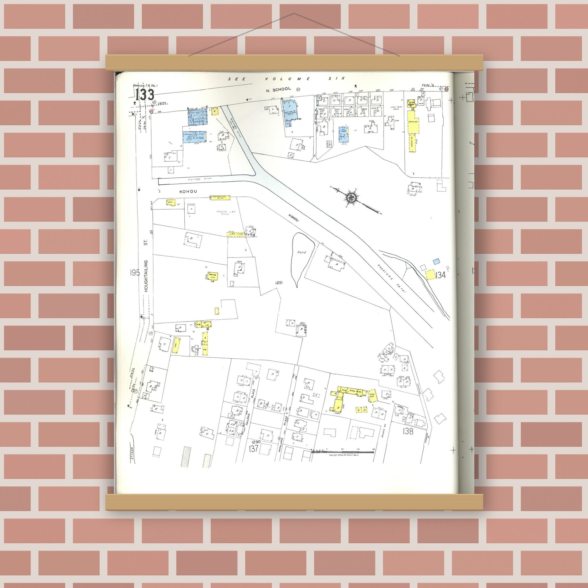 Old map wall art mockup — magnetic wood frame on brick wall — Sanborn Fire Insurance Map from Honolulu, Oahu County, Hawaii (1955), Sheet #0133