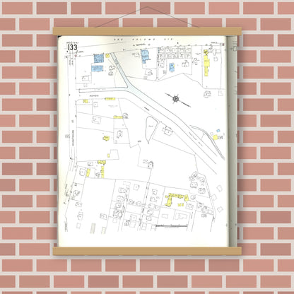 Old map wall art mockup — magnetic wood frame on brick wall — Sanborn Fire Insurance Map from Honolulu, Oahu County, Hawaii (1955), Sheet #0133