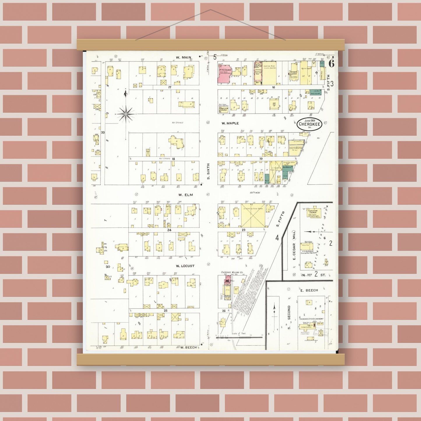Old map wall art mockup — magnetic wood frame on brick wall — Sanborn Fire Insurance Map from Cherokee, Cherokee County, Iowa (1909), Sheet #0006
