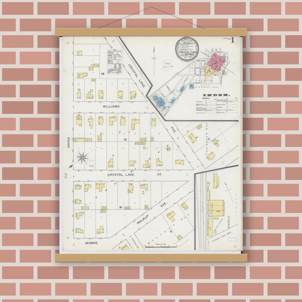 Old map wall art mockup — magnetic wood frame on brick wall — Sanborn Fire Insurance Map from Crystal Lake, McHenry County, Illinois (1893) - Complete Map Set