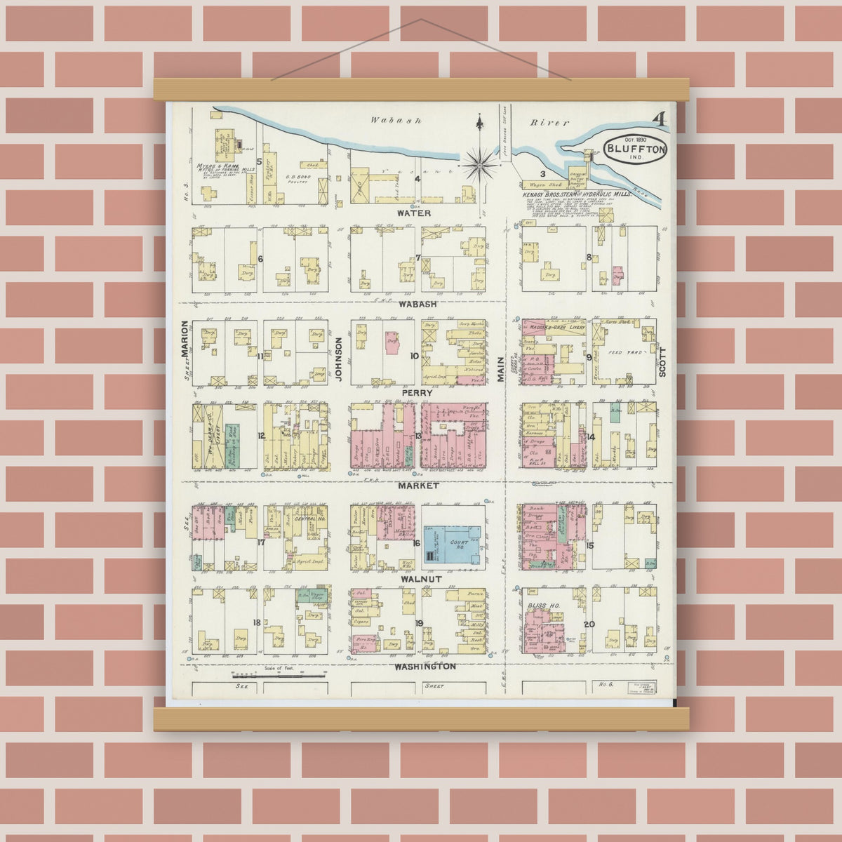 Old map wall art mockup — magnetic wood frame on brick wall — Sanborn Fire Insurance Map from Bluffton, Wells County, Indiana (1890), Sheet #0004