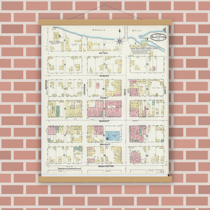 Old map wall art mockup — magnetic wood frame on brick wall — Sanborn Fire Insurance Map from Bluffton, Wells County, Indiana (1890), Sheet #0004