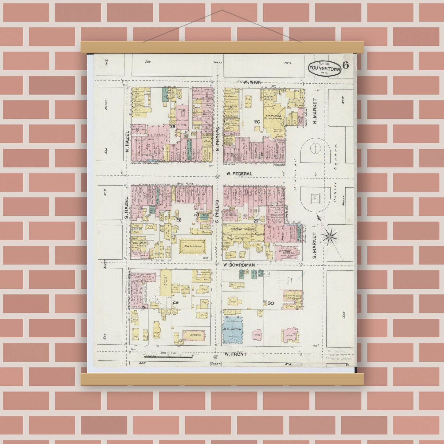 Old map wall art mockup — magnetic wood frame on brick wall — Sanborn Fire Insurance Map from Youngstown, Mahoning County, Ohio (1889), Sheet #0006