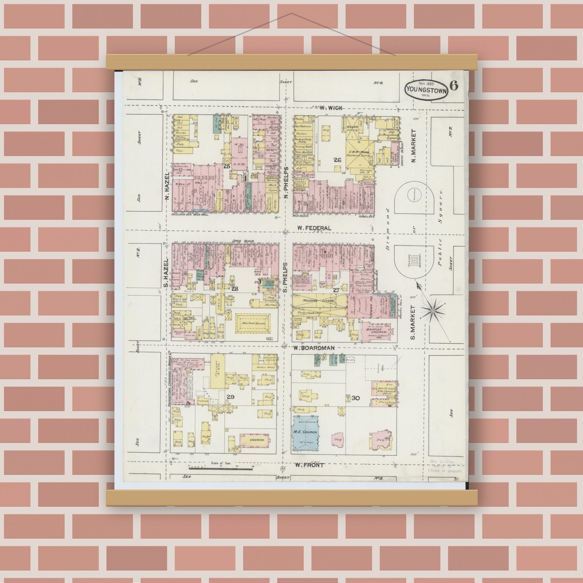 Old map wall art mockup — magnetic wood frame on brick wall — Sanborn Fire Insurance Map from Youngstown, Mahoning County, Ohio (1889), Sheet #0006