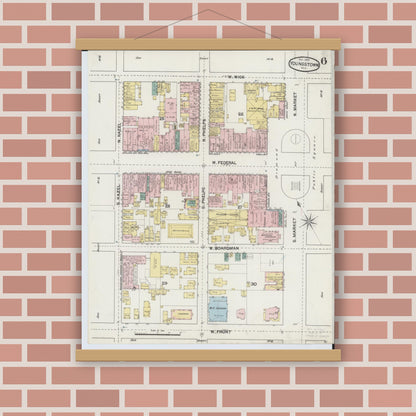 Old map wall art mockup — magnetic wood frame on brick wall — Sanborn Fire Insurance Map from Youngstown, Mahoning County, Ohio (1889), Sheet #0006