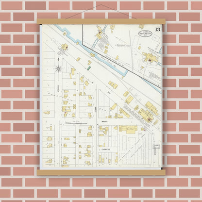 Old map wall art mockup — magnetic wood frame on brick wall — Sanborn Fire Insurance Map from Traverse City, Grand Traverse County, Michigan (1899), Sheet #0013