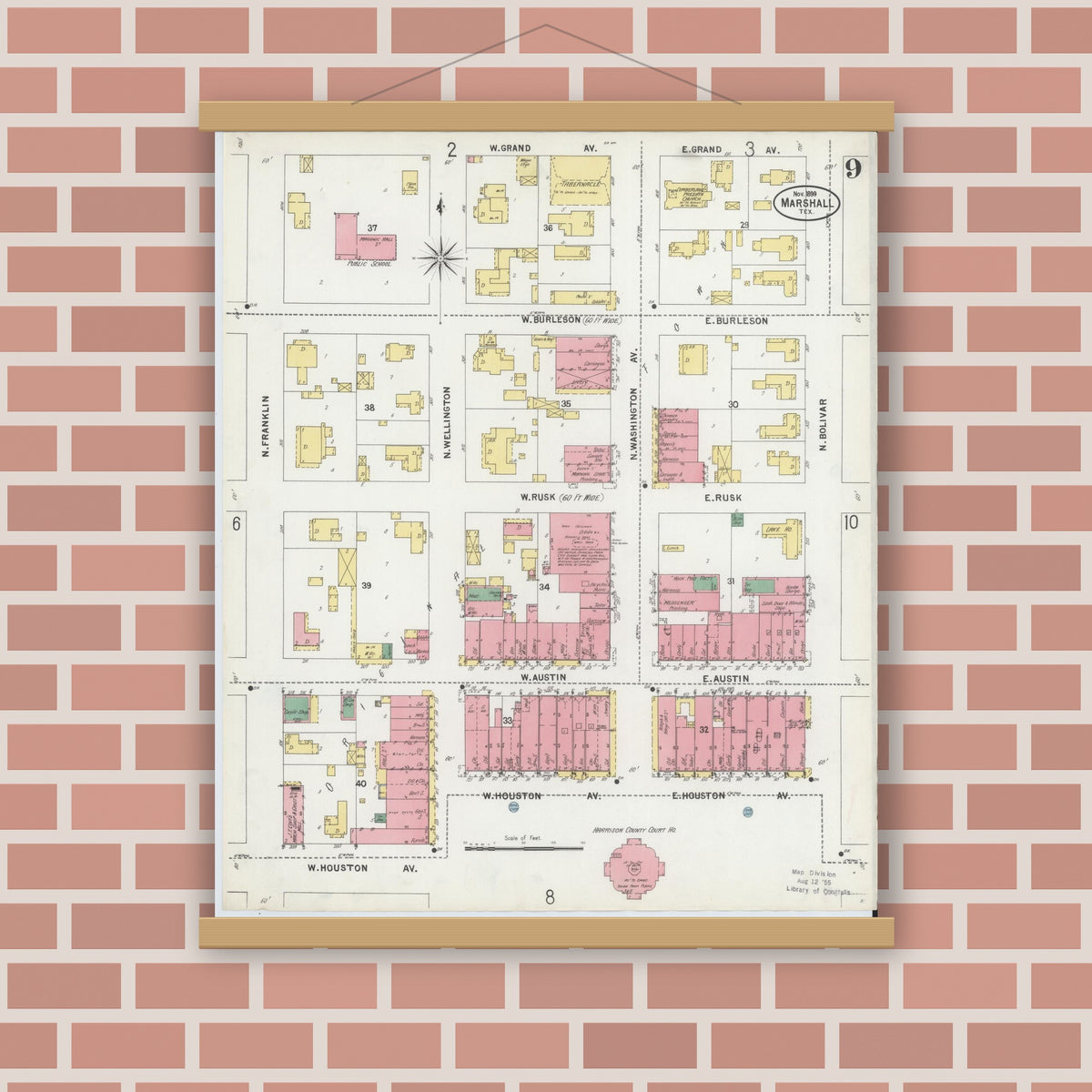 Old map wall art mockup — magnetic wood frame on brick wall — Sanborn Fire Insurance Map from Marshall, Harrison County, Texas (1899), Sheet #0009