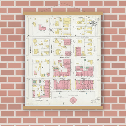 Old map wall art mockup — magnetic wood frame on brick wall — Sanborn Fire Insurance Map from Marshall, Harrison County, Texas (1899), Sheet #0009