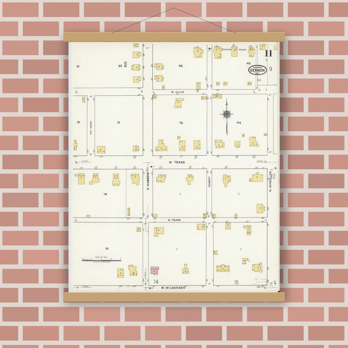Old map wall art mockup — magnetic wood frame on brick wall — Sanborn Fire Insurance Map from Vernon, Wilbarger County, Texas (1920), Sheet #0011