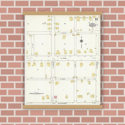 Old map wall art mockup — magnetic wood frame on brick wall — Sanborn Fire Insurance Map from Vernon, Wilbarger County, Texas (1920), Sheet #0011