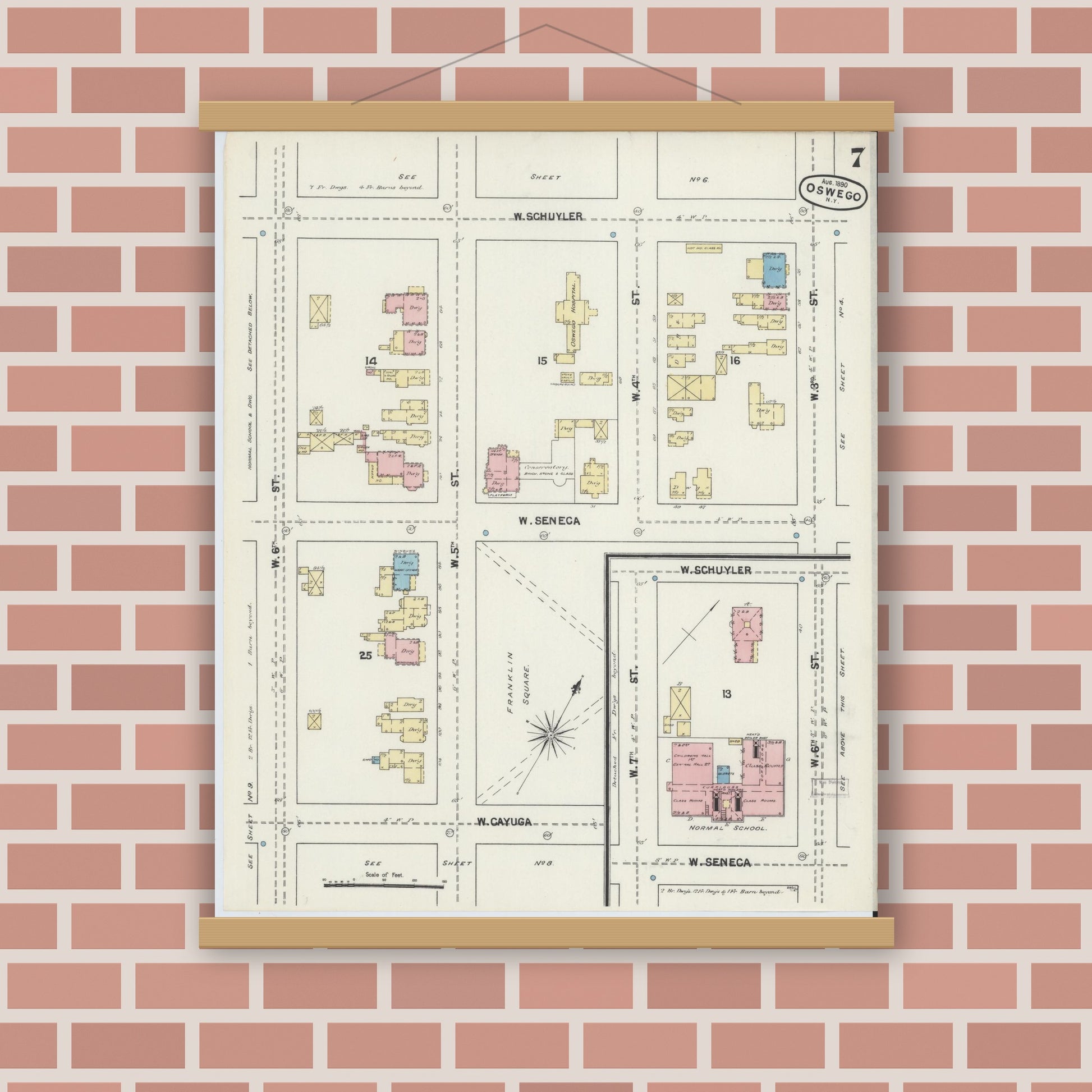 Old map wall art mockup — magnetic wood frame on brick wall — Sanborn Fire Insurance Map from Oswego, Oswego County, New York (1890), Sheet #0007