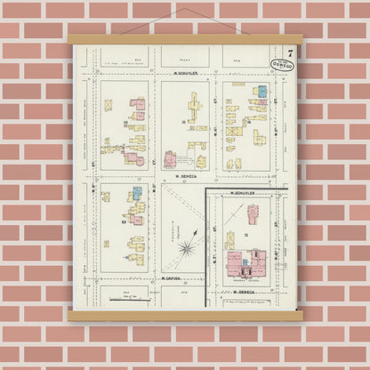 Old map wall art mockup — magnetic wood frame on brick wall — Sanborn Fire Insurance Map from Oswego, Oswego County, New York (1890), Sheet #0007