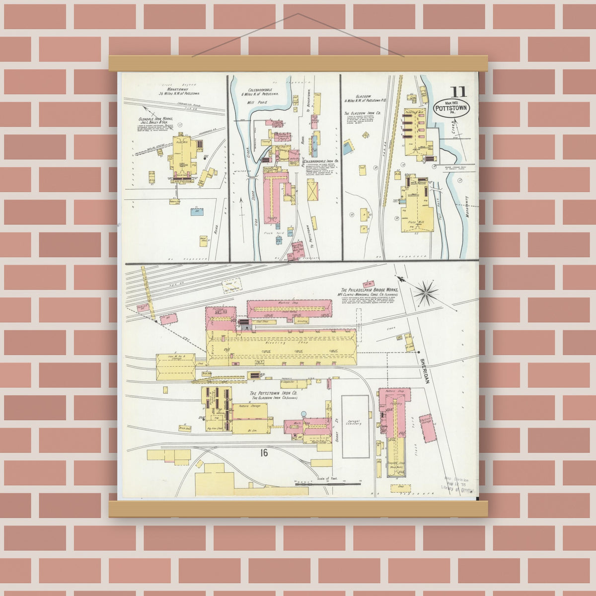 Old map wall art mockup — magnetic wood frame on brick wall — Sanborn Fire Insurance Map from Pottstown, Montgomery County, Pennsylvania (1902), Sheet #0011