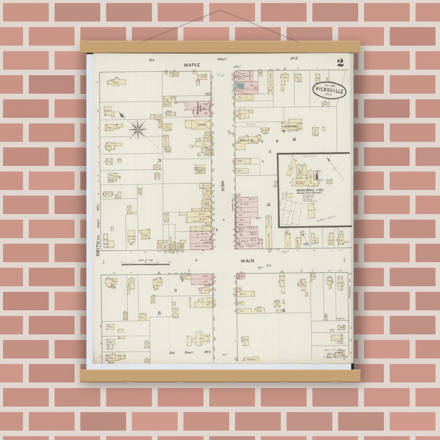 Old map wall art mockup — magnetic wood frame on brick wall — Sanborn Fire Insurance Map from Hicksville, Defiance County, Ohio (1887), Sheet #0002