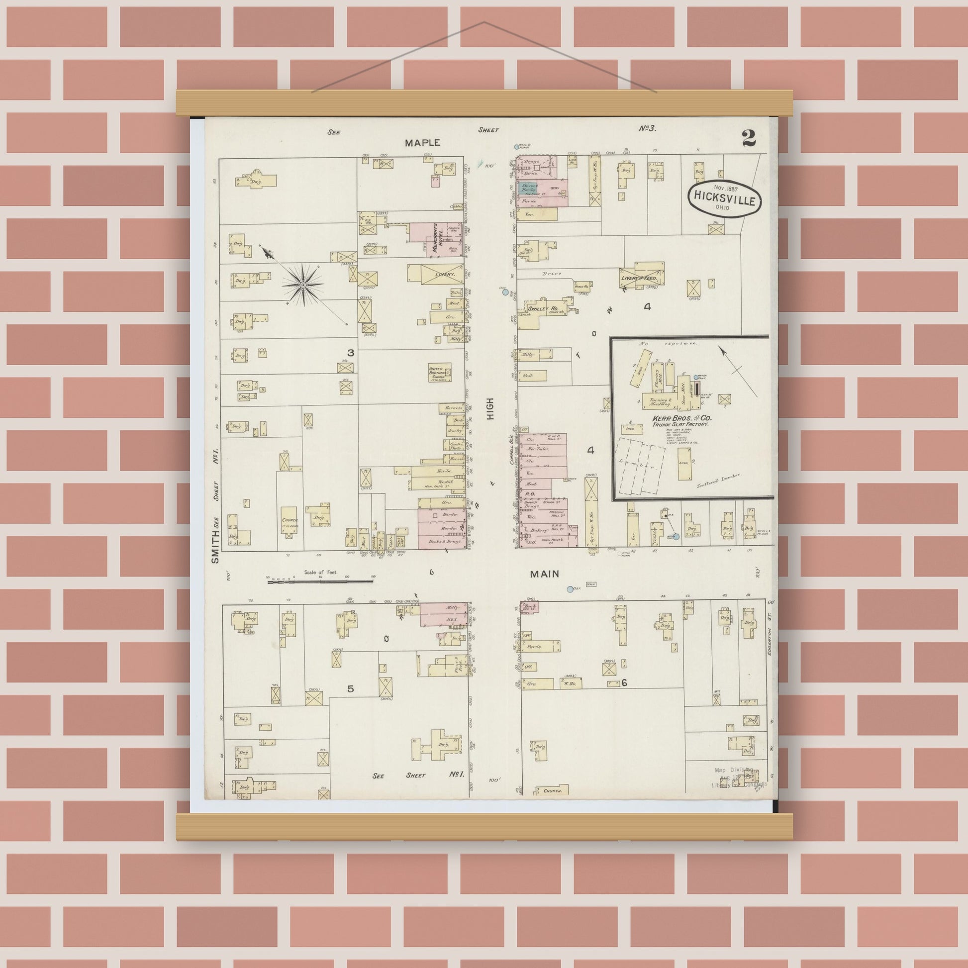 Old map wall art mockup — magnetic wood frame on brick wall — Sanborn Fire Insurance Map from Hicksville, Defiance County, Ohio (1887), Sheet #0002