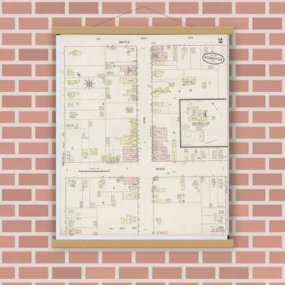 Old map wall art mockup — magnetic wood frame on brick wall — Sanborn Fire Insurance Map from Hicksville, Defiance County, Ohio (1887), Sheet #0002