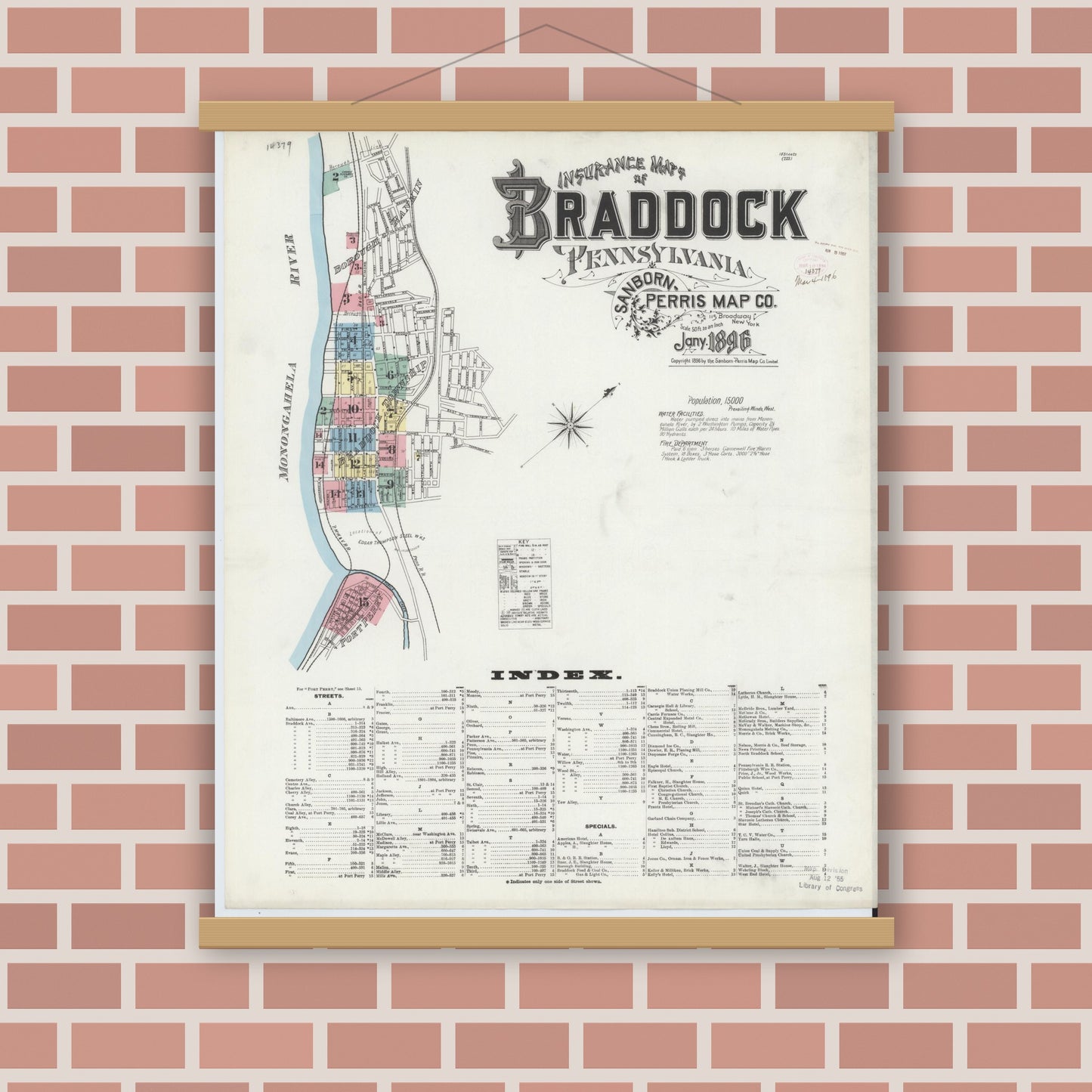 Old map wall art mockup — magnetic wood frame on brick wall — Sanborn Fire Insurance Map from Braddock, Allegheny County, Pennsylvania (1896) - Complete Map Set