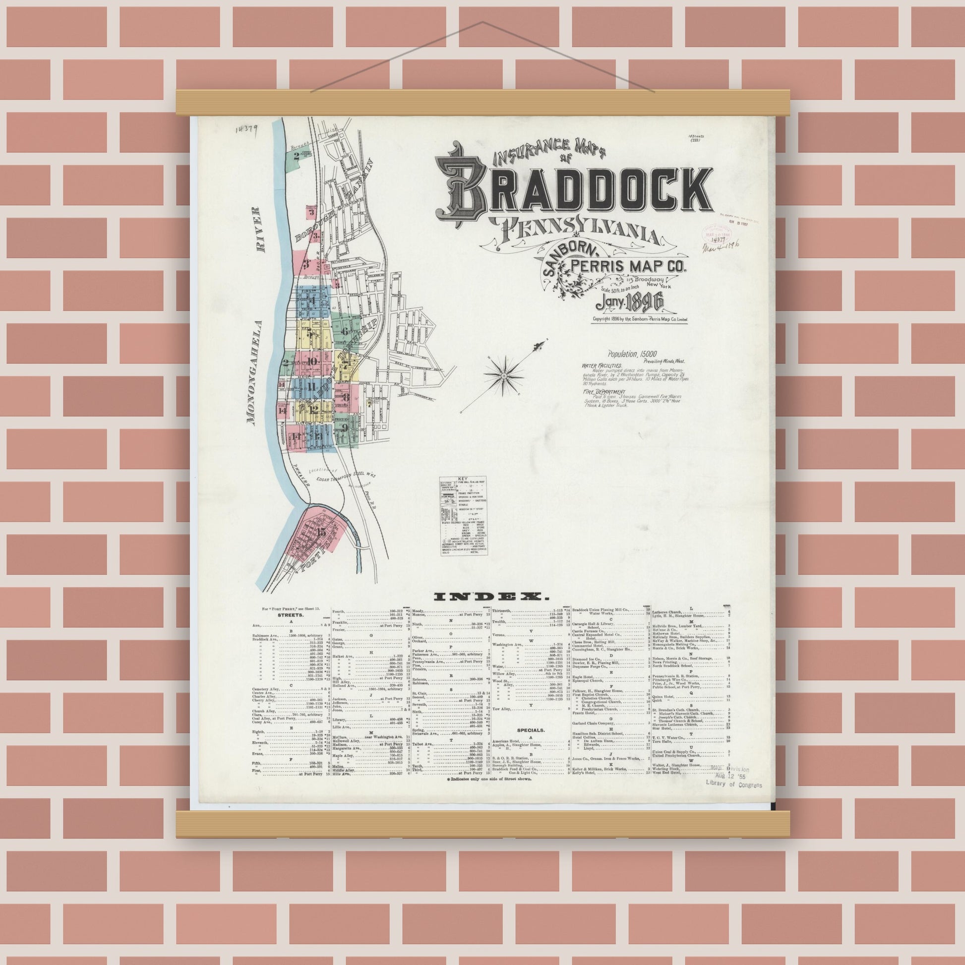 Old map wall art mockup — magnetic wood frame on brick wall — Sanborn Fire Insurance Map from Braddock, Allegheny County, Pennsylvania (1896) - Complete Map Set