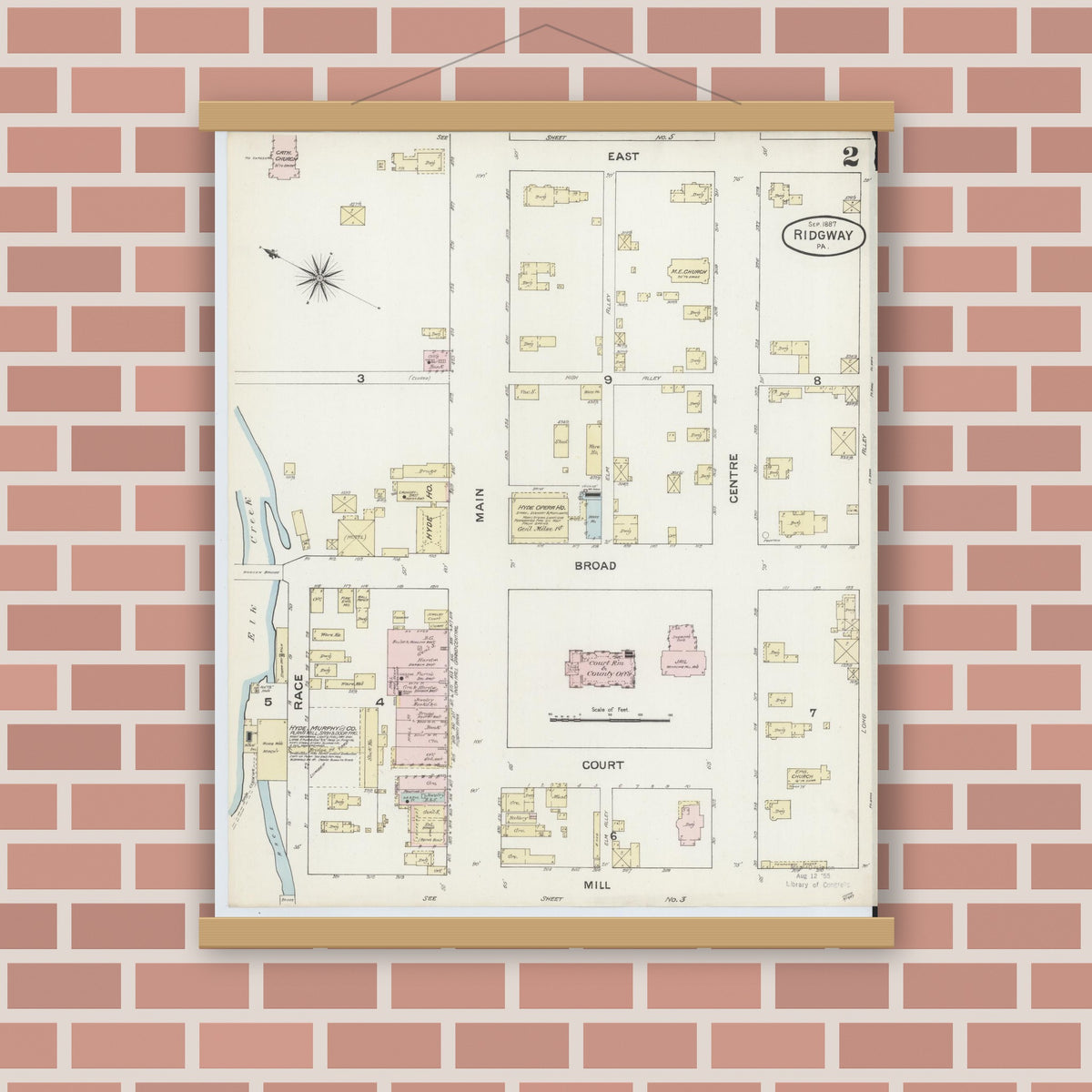 Old map wall art mockup — magnetic wood frame on brick wall — Sanborn Fire Insurance Map from Ridgway, Elk County, Pennsylvania (1887), Sheet #0002
