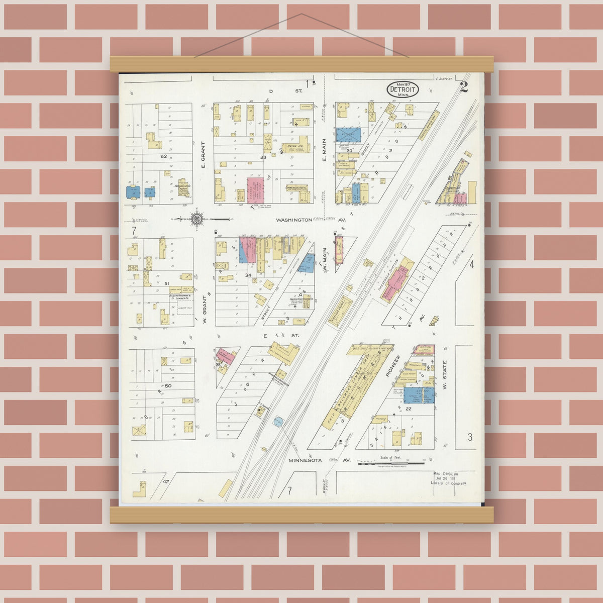 Old map wall art mockup — magnetic wood frame on brick wall — Sanborn Fire Insurance Map from Detroit Lakes, Becker County, Minnesota (1917), Sheet #0002