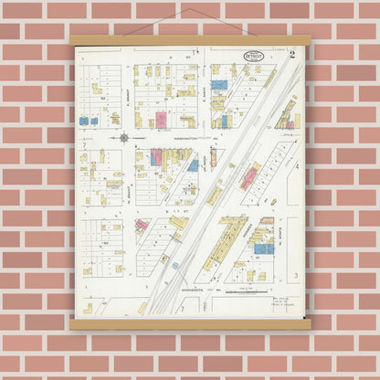 Old map wall art mockup — magnetic wood frame on brick wall — Sanborn Fire Insurance Map from Detroit Lakes, Becker County, Minnesota (1917), Sheet #0002