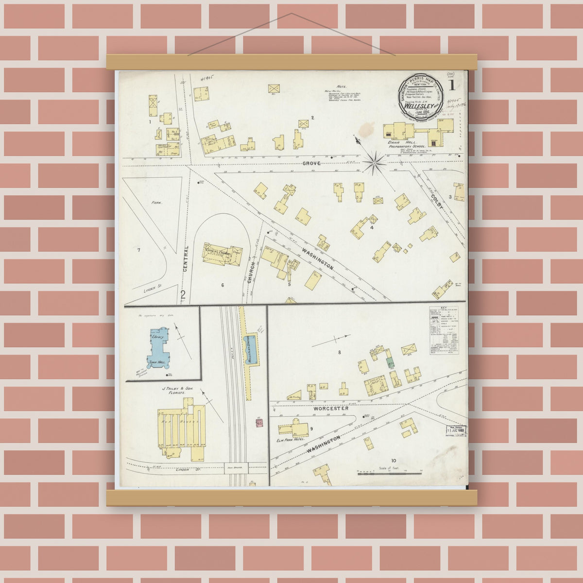 Old map wall art mockup — magnetic wood frame on brick wall — Sanborn Fire Insurance Map from Wellesley, Norfolk County, Massachusetts (1896), Sheet #0001
