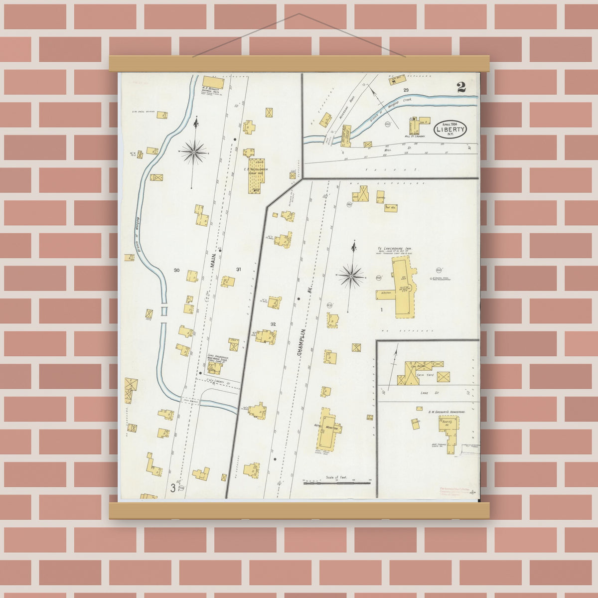 Old map wall art mockup — magnetic wood frame on brick wall — Sanborn Fire Insurance Map from Liberty, Sullivan County, New York (1904), Sheet #0002