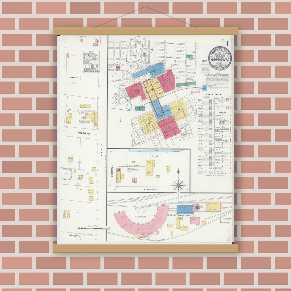 Old map wall art mockup — magnetic wood frame on brick wall — Sanborn Fire Insurance Map from Brookfield, Linn County, Missouri (1905) - Complete Map Set