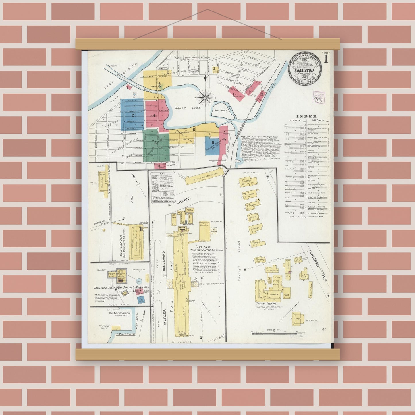 Old map wall art mockup — magnetic wood frame on brick wall — Sanborn Fire Insurance Map from Charlevoix, Charlevoix County, Michigan (1907), Sheet #0001