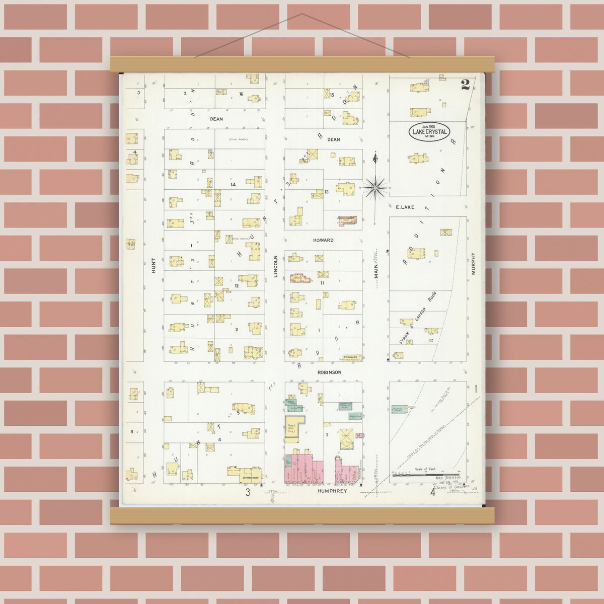 Old map wall art mockup — magnetic wood frame on brick wall — Sanborn Fire Insurance Map from Lake Crystal, Blue Earth County, Minnesota (1908), Sheet #0002