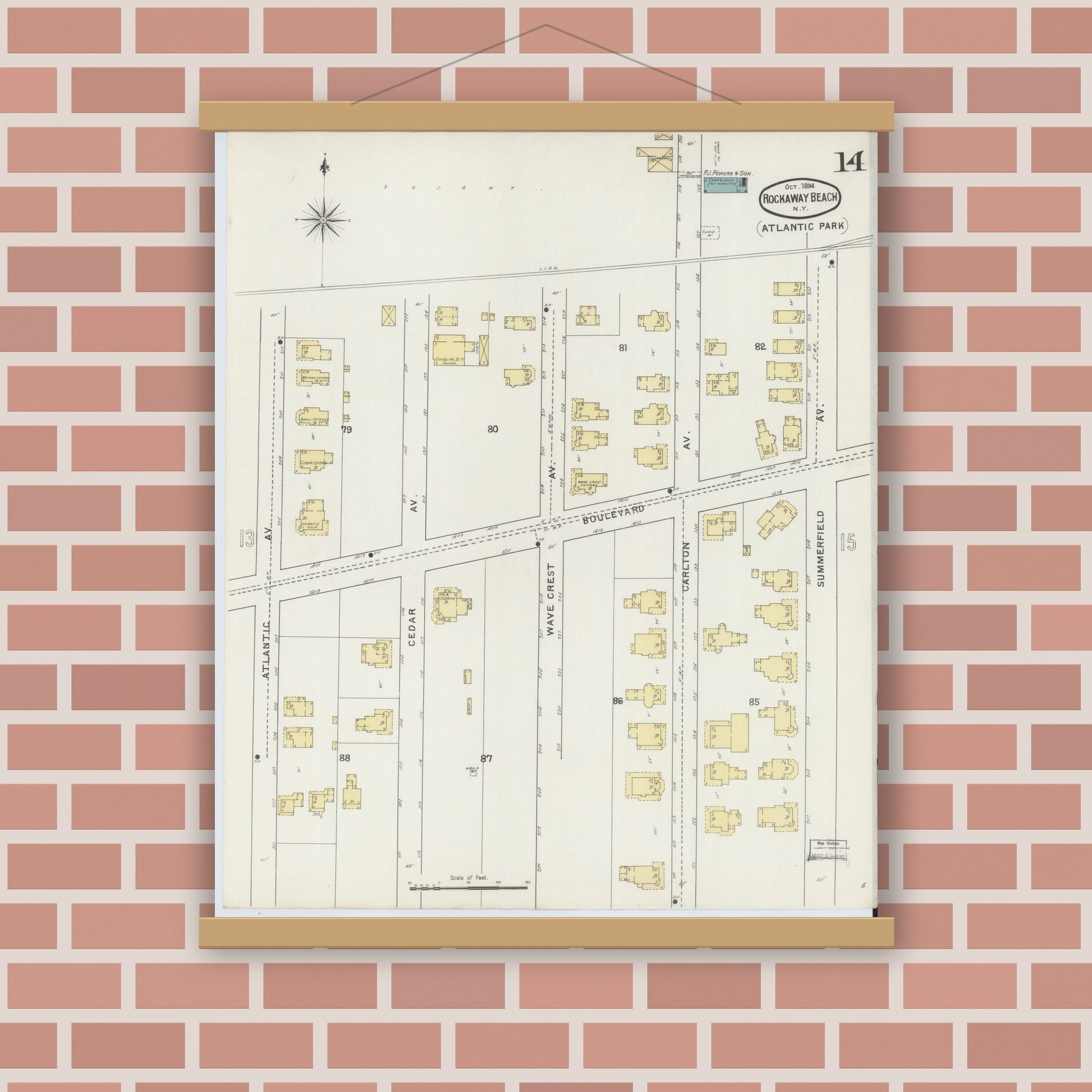 Old map wall art mockup — magnetic wood frame on brick wall — Sanborn Fire Insurance Map from Rockaway Beach, Queens County, New York (1894), Sheet #0014