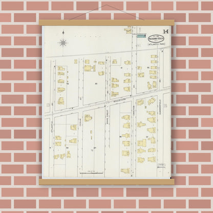 Old map wall art mockup — magnetic wood frame on brick wall — Sanborn Fire Insurance Map from Rockaway Beach, Queens County, New York (1894), Sheet #0014